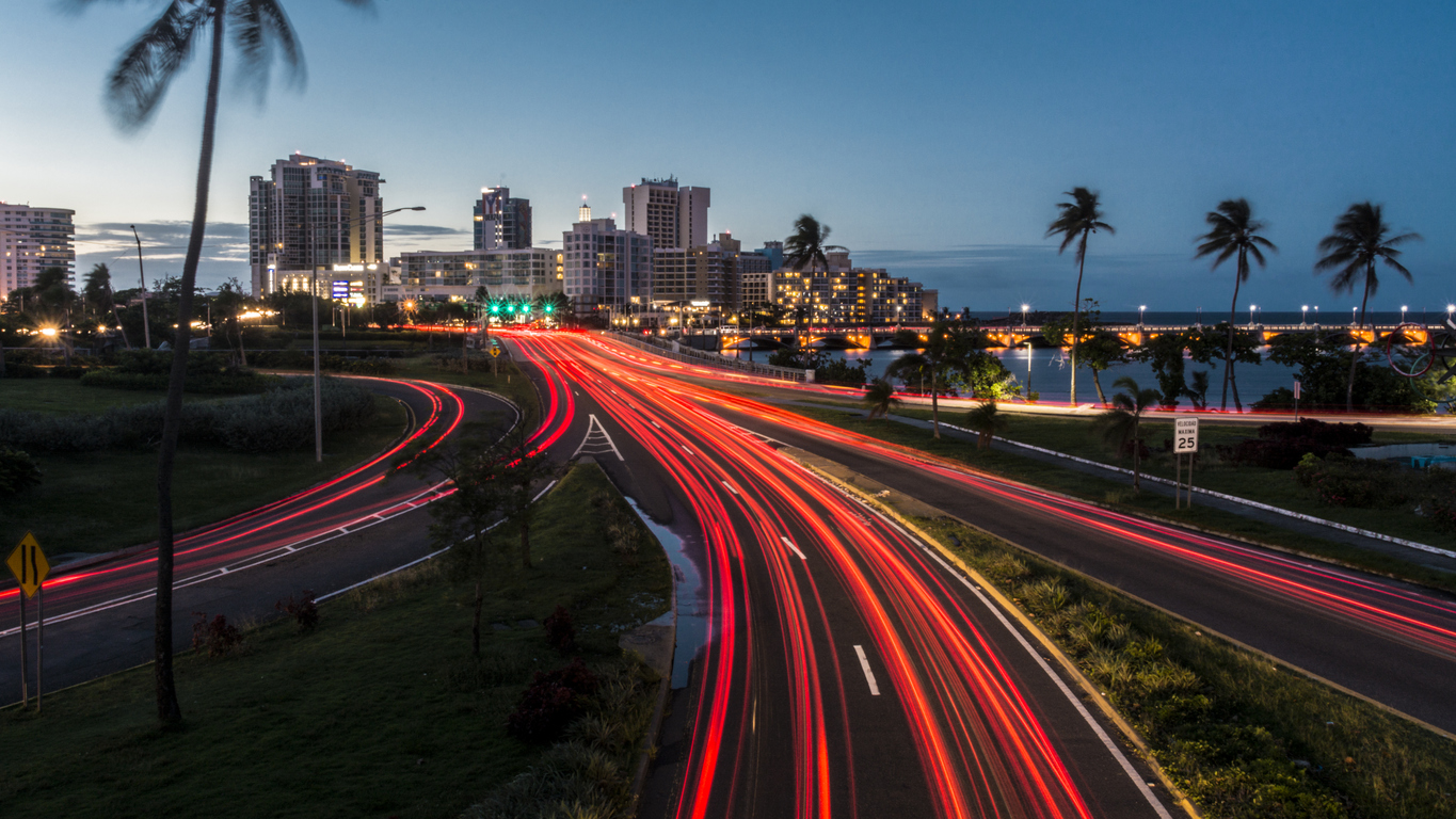 Road leading to the capital of Puerto Rico at night.