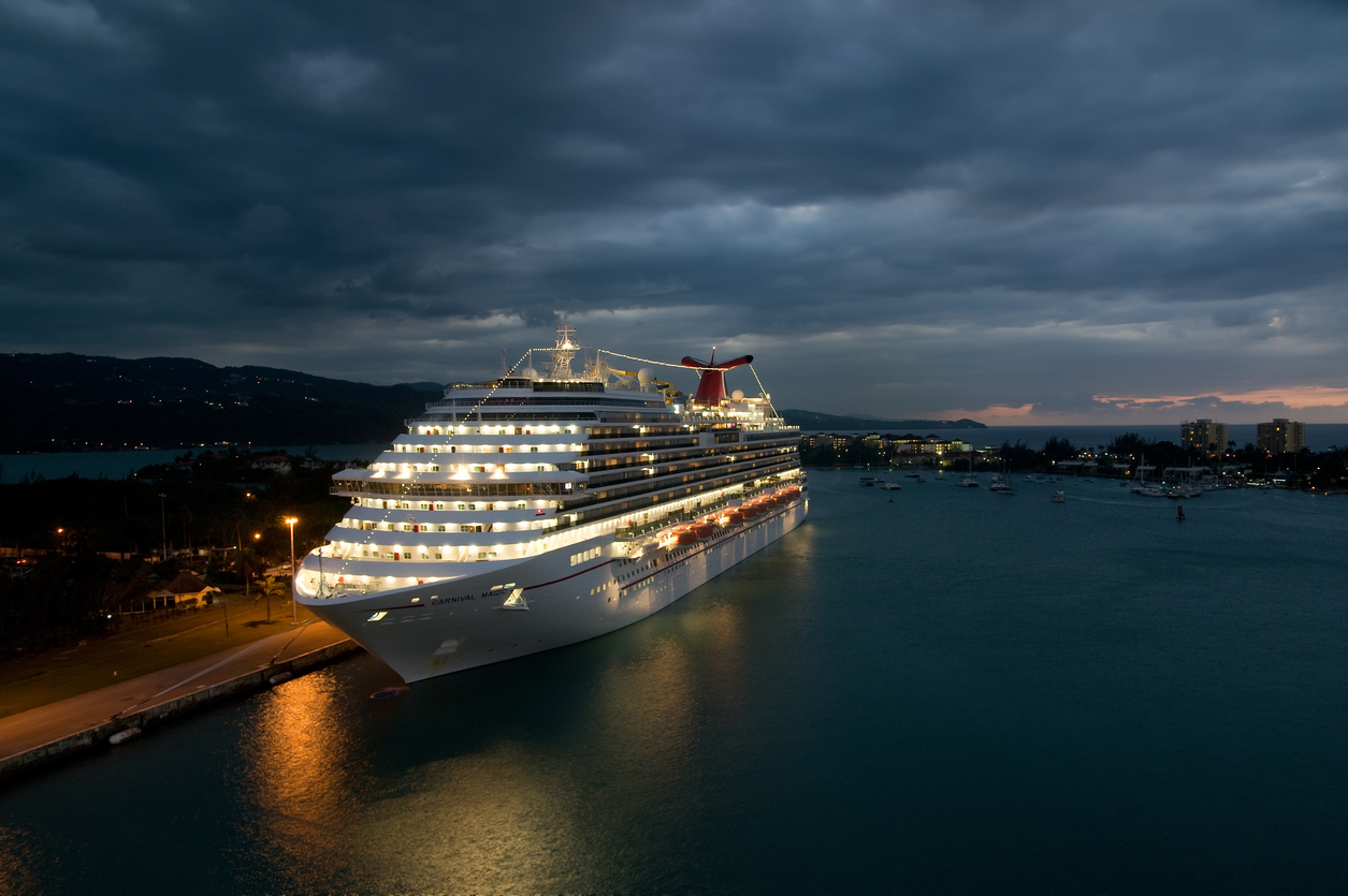 Carnival Magic in Montego Bay docked waiting for late sailaway to Caribbean