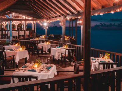 restaurant setup for dinner at an Antiguan beach