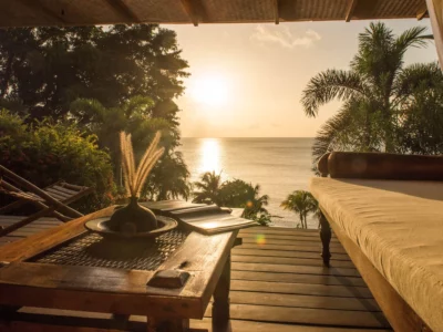 patio outside a suite in Laluna Boutique Hotel villas during sunset