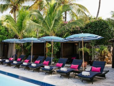parasols by the pool inside Rock House